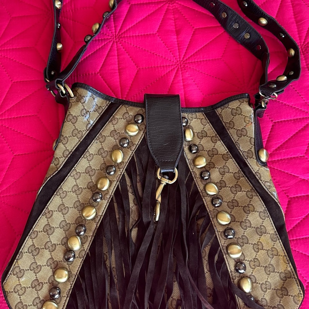 Gucci Tan and Black Shoulder Bag with Fringe
